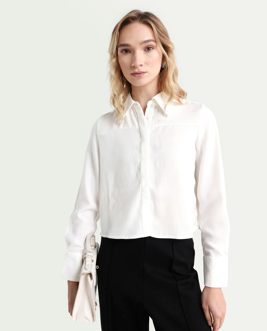 Rareism Women's Bharvik White Viscose Blend Spread Collar Plain Cuffed Sleeve Crop Relaxed Fit Shirt