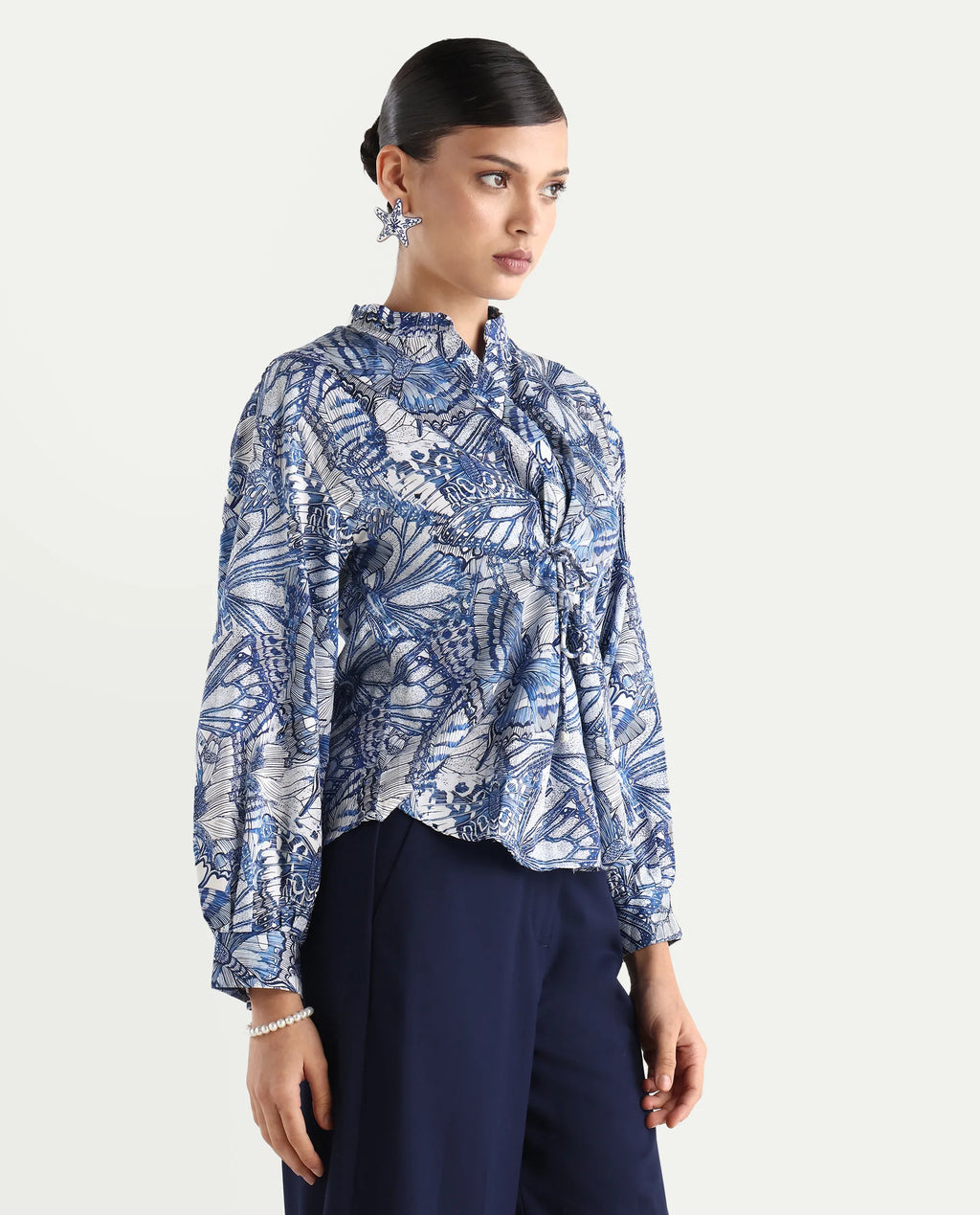 Rareism Women's Bhasny Blue Cotton Blend Mandarin Collar Abstract Print Puff Sleeves Regular Fit Top