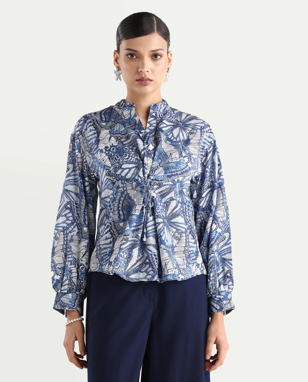 Rareism Women's Bhasny Blue Cotton Blend Mandarin Collar Abstract Print Puff Sleeves Regular Fit Top