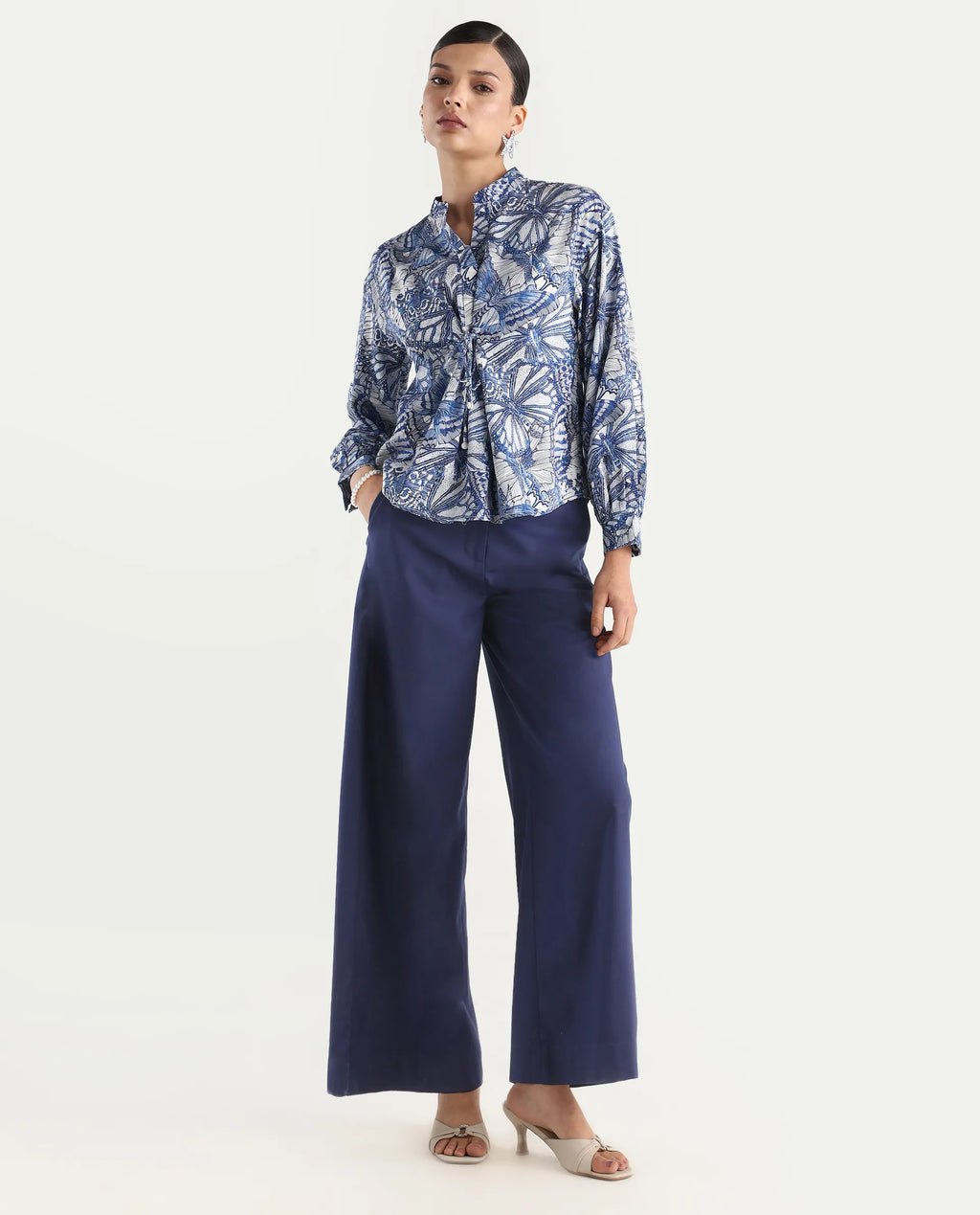 Rareism Women's Bhasny Blue Cotton Blend Mandarin Collar Abstract Print Puff Sleeves Regular Fit Top