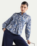 Rareism Women's Bhasny Blue Cotton Blend Mandarin Collar Abstract Print Puff Sleeves Regular Fit Top