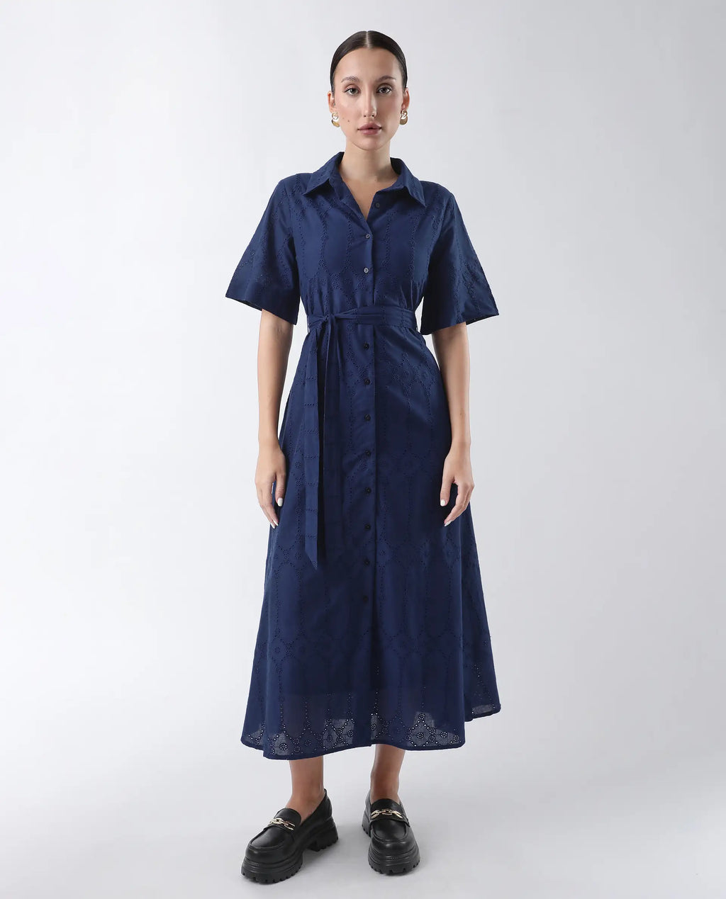 Rareism Women's Bhazlo Navy Polyester Spread Collar Plain Midi A-Line Dress