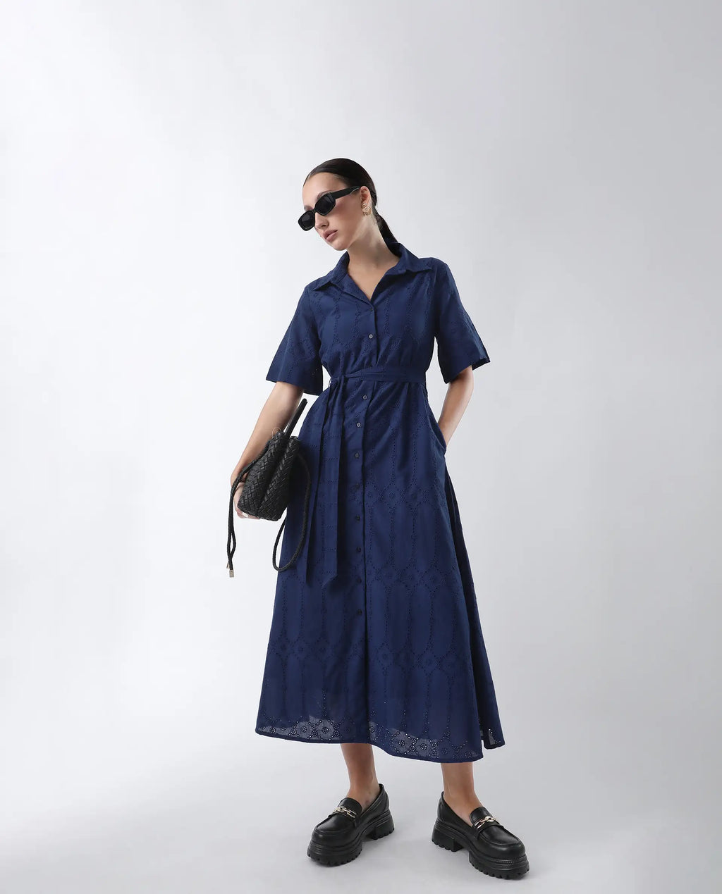 Rareism Women's Bhazlo Navy Polyester Spread Collar Plain Midi A-Line Dress