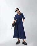 Rareism Women's Bhazlo Navy Polyester Spread Collar Plain Midi A-Line Dress