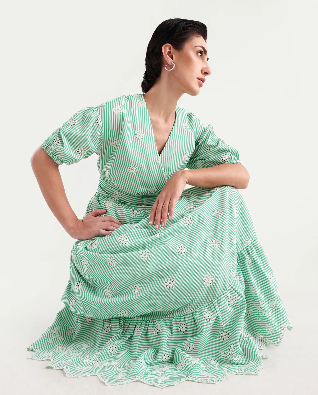 Rareism Women's Bhyrin Light Green Cotton V-Neck Striped Puff Sleeves Maxi Fit And Flare Dress