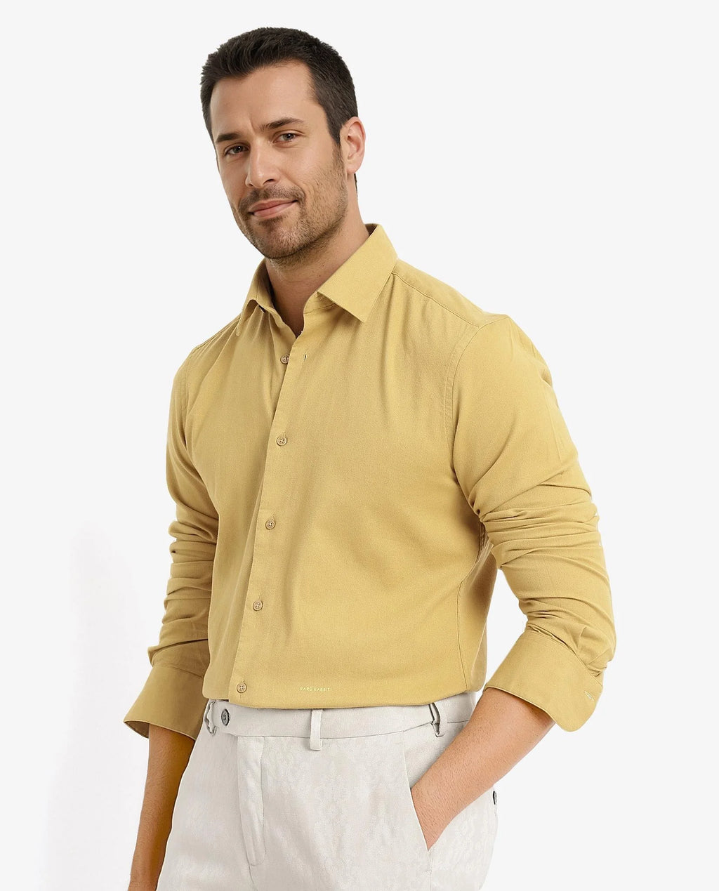 Rare Rabbit Men's Bicton Mustard Cotton Plain Regular Fit Full Sleeve Collared Shirt