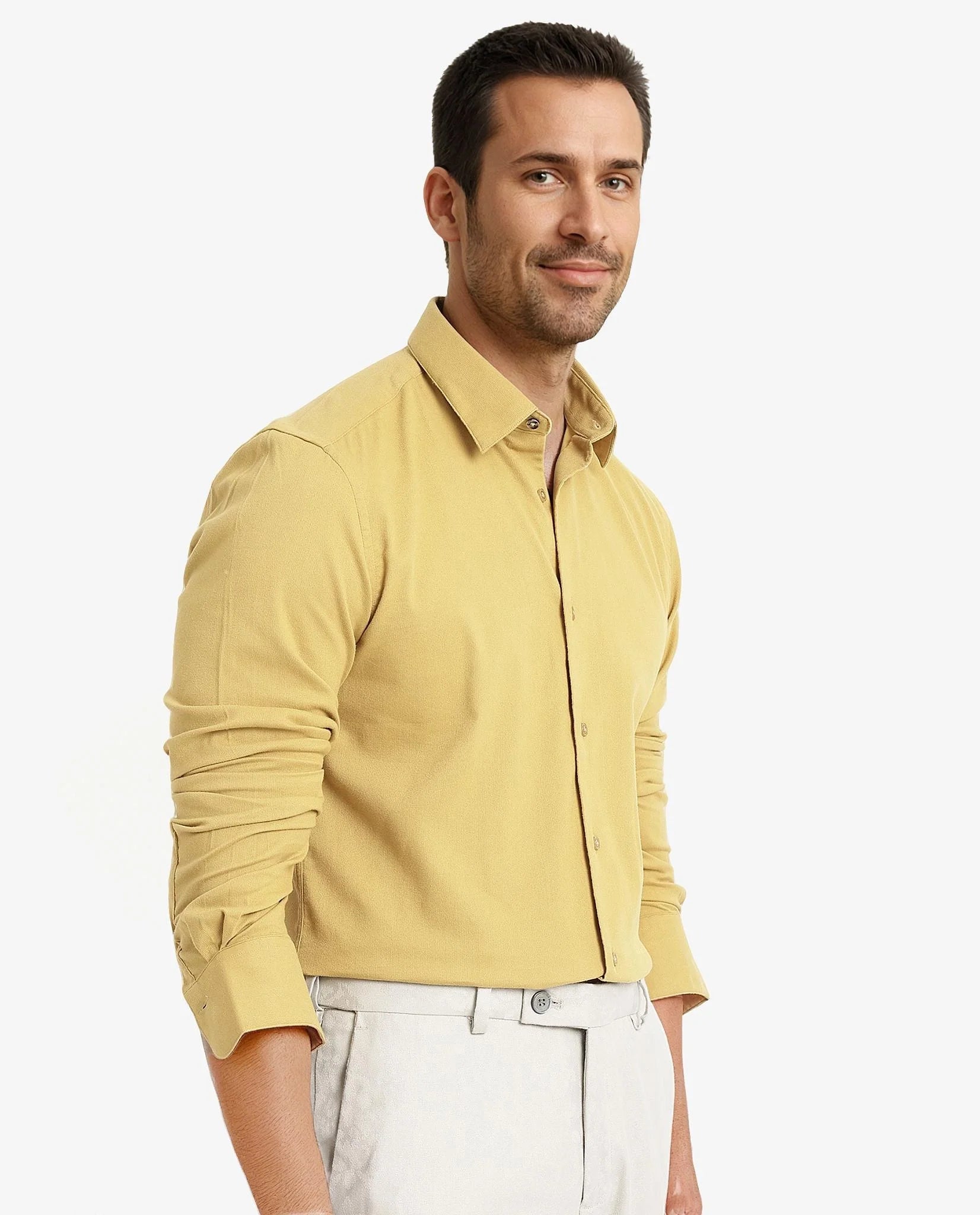 Rare Rabbit Men's Bicton Mustard Cotton Plain Regular Fit Full Sleeve Collared Shirt