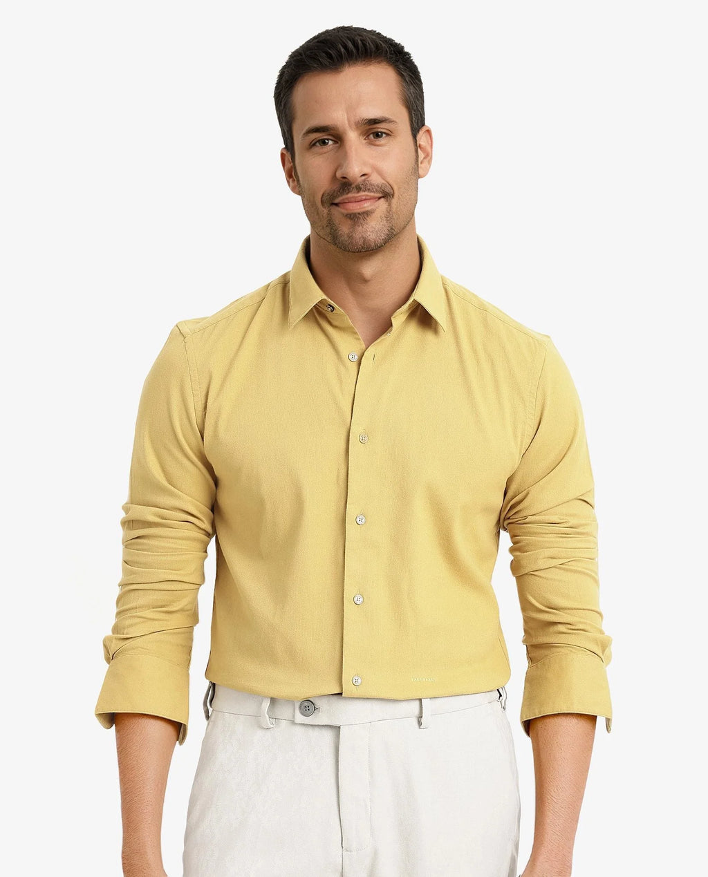 Rare Rabbit Men's Bicton Mustard Cotton Plain Regular Fit Full Sleeve Collared Shirt