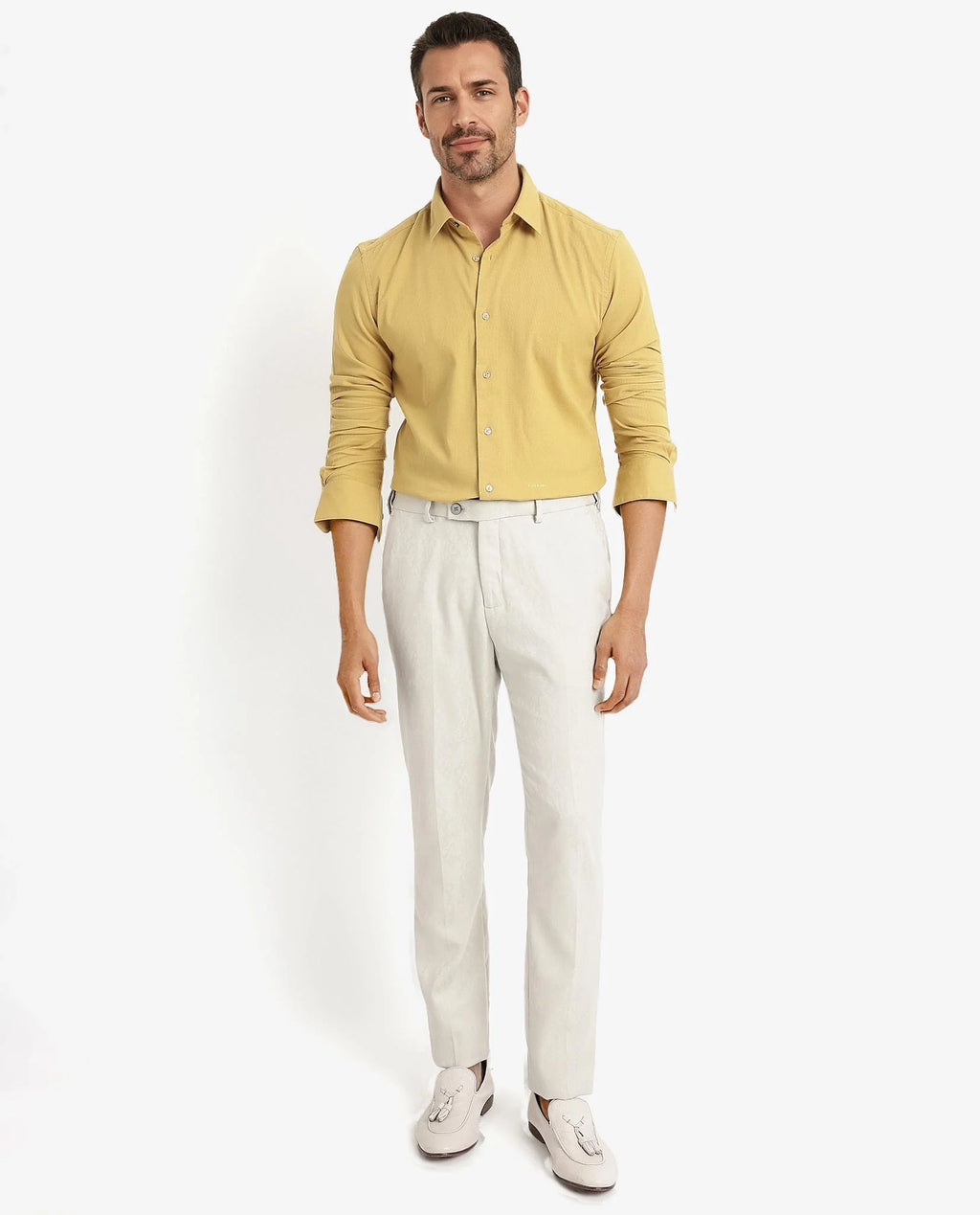 Rare Rabbit Men's Bicton Mustard Cotton Plain Regular Fit Full Sleeve Collared Shirt