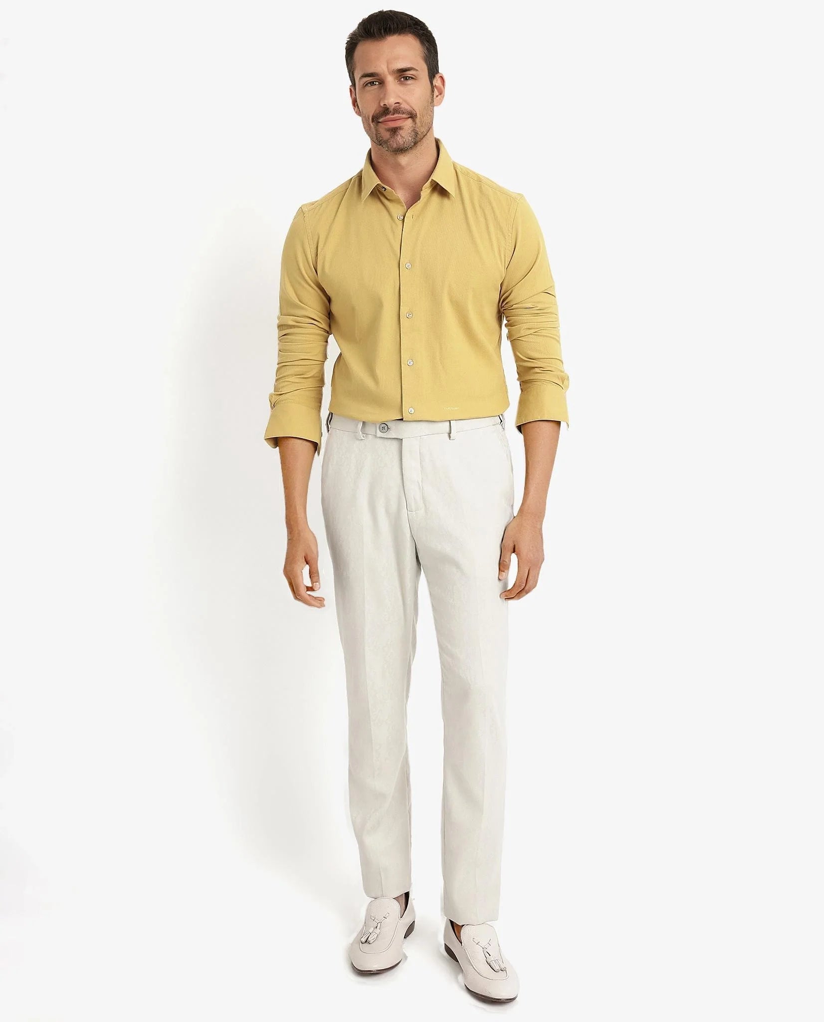 Rare Rabbit Men's Bicton Mustard Cotton Plain Regular Fit Full Sleeve Collared Shirt