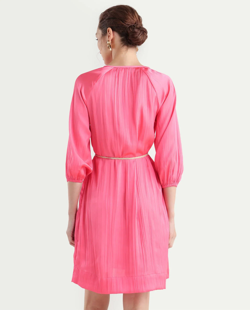 Rareism Women's Biere Flouroscent Pink Polyester Tie-Up Neck Plain Raglan Sleeve Mini Relaxed Fit Dress