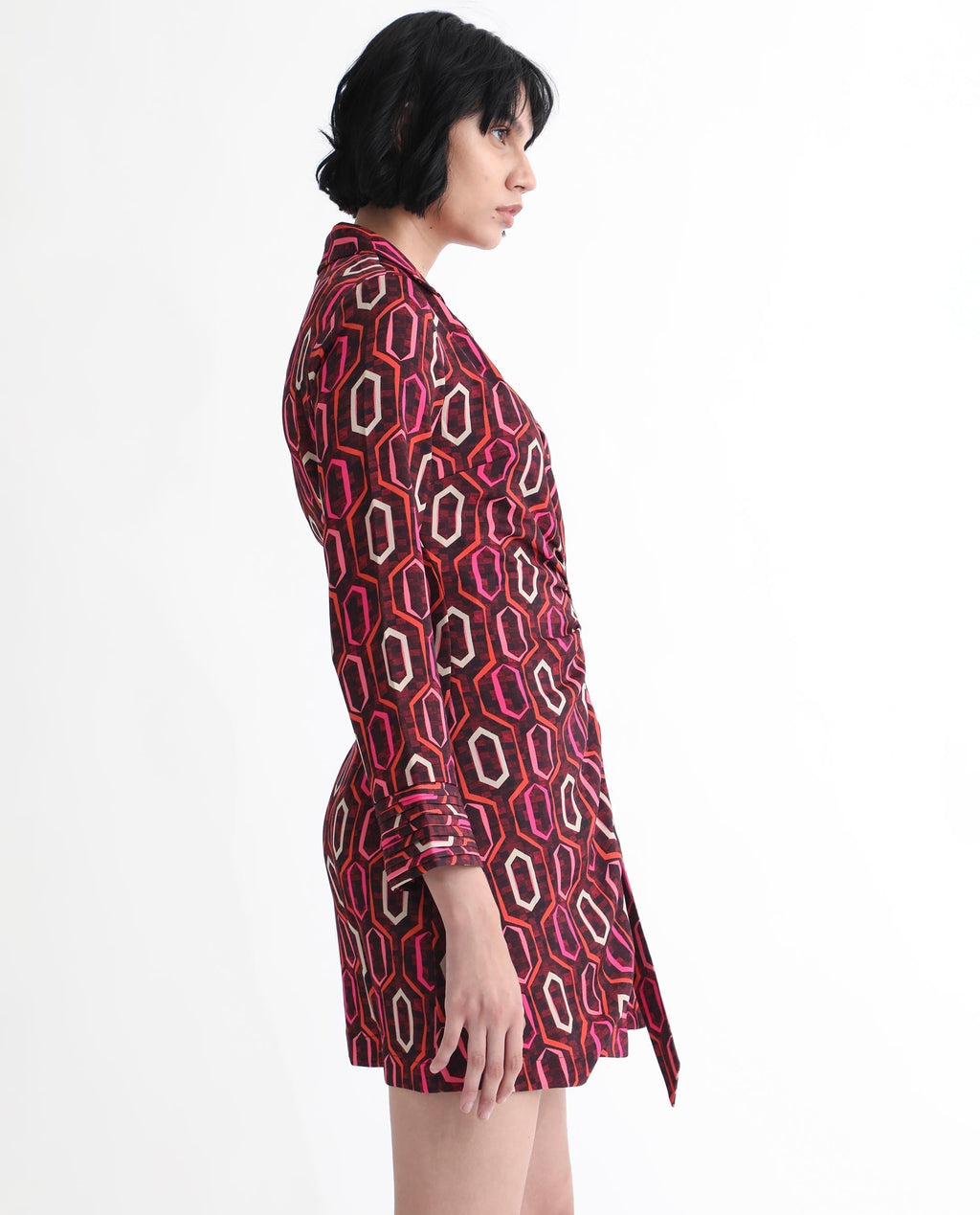 Rareism Women's Binden Dark Brown Polyester Lapel Neck Geometric Print Cuffed Sleeve Mini Relaxed Fit Dress