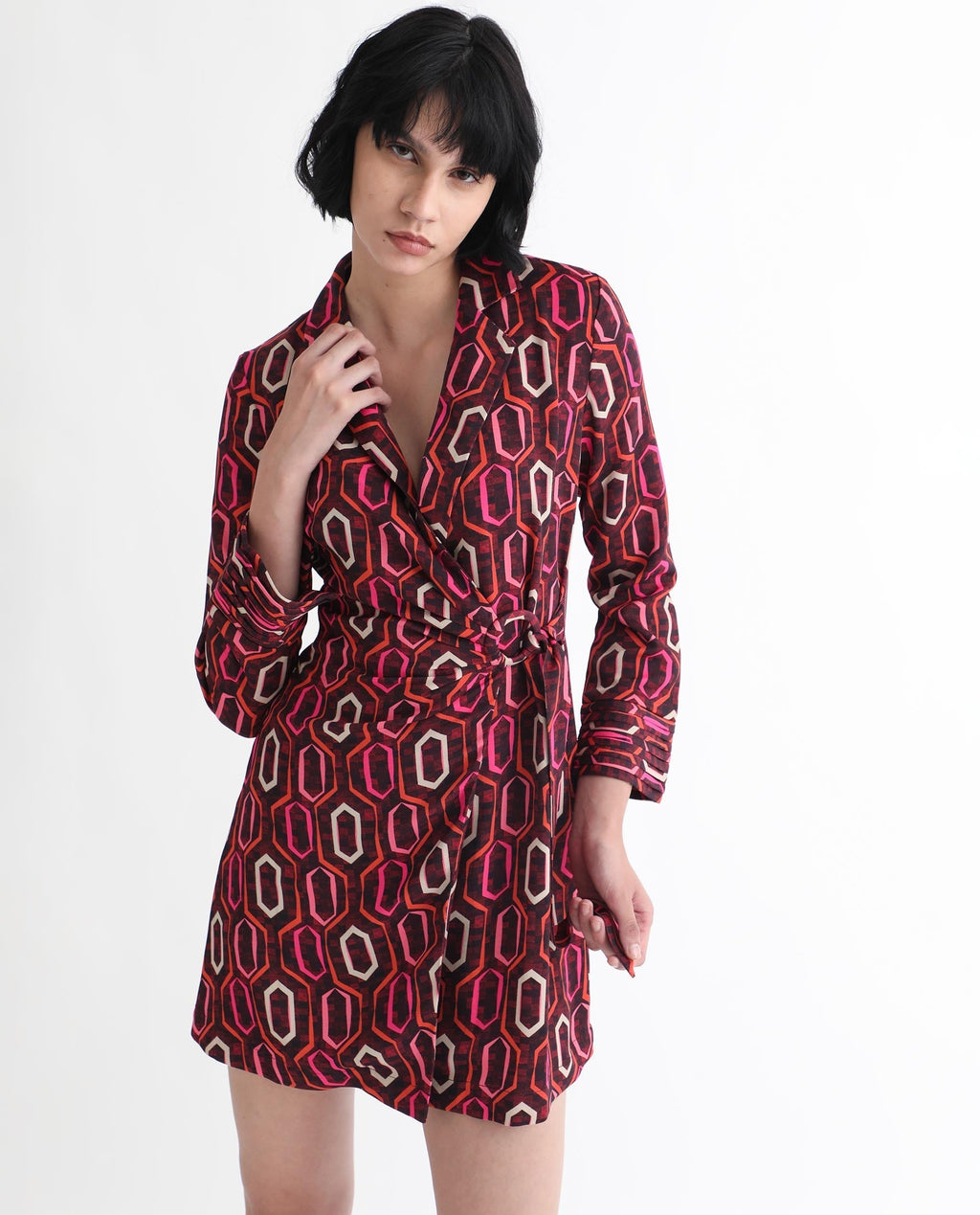Rareism Women's Binden Dark Brown Polyester Lapel Neck Geometric Print Cuffed Sleeve Mini Relaxed Fit Dress