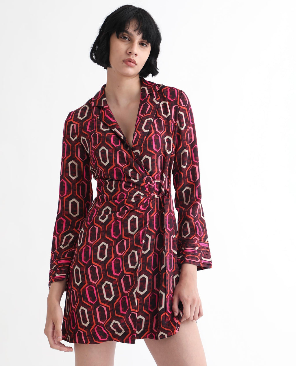 Rareism Women's Binden Dark Brown Polyester Lapel Neck Geometric Print Cuffed Sleeve Mini Relaxed Fit Dress