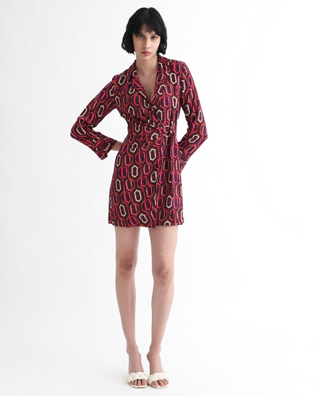 Rareism Women's Binden Dark Brown Polyester Lapel Neck Geometric Print Cuffed Sleeve Mini Relaxed Fit Dress