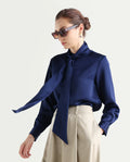 Rareism Women's Bingol Navy Cotton Mandarin Collar Plain Cuffed Sleeve Regular Fit Shirt