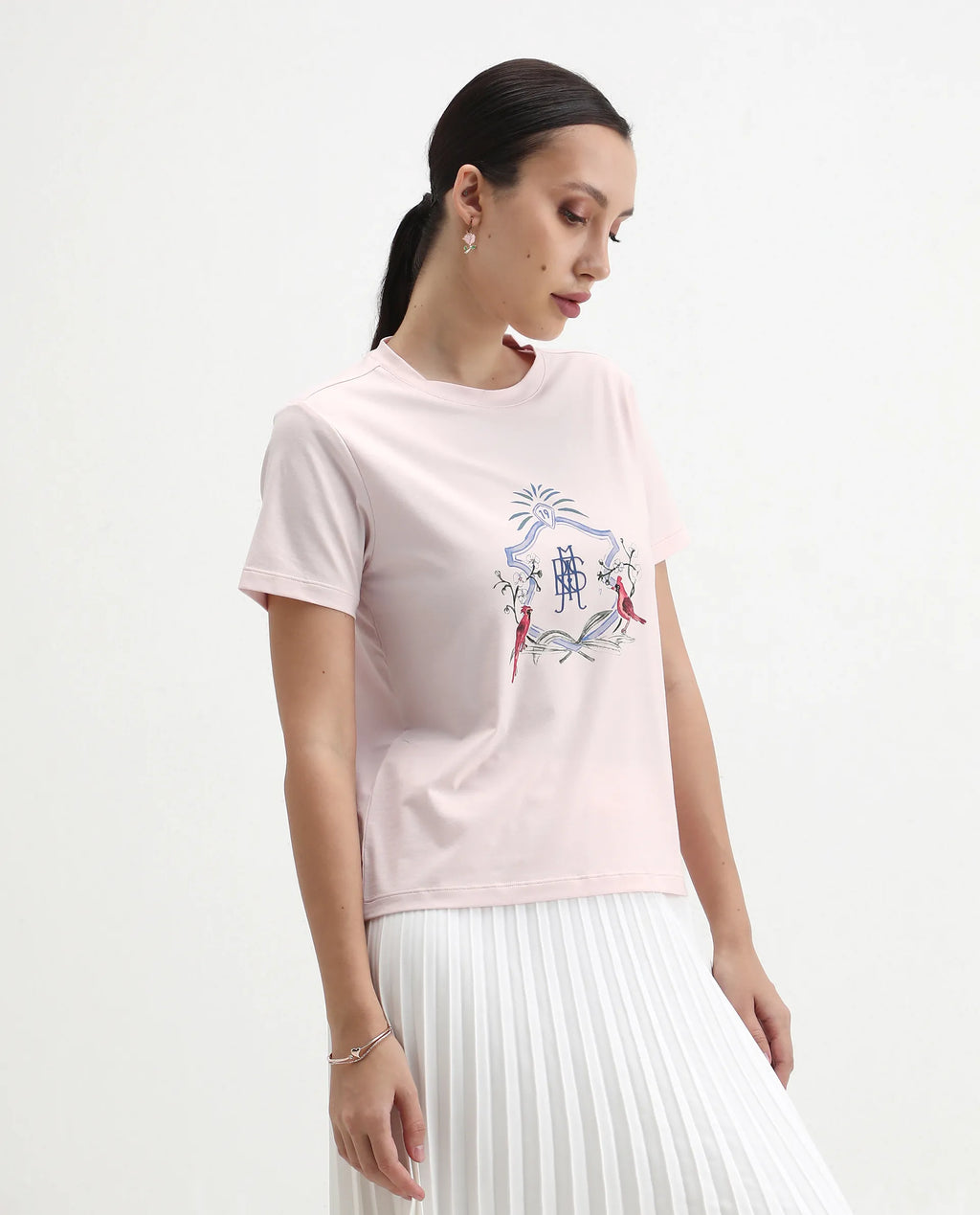 Rareism Women's Birk Light Pink Cotton Blend Crew Neck Regular Fit T-Shirt