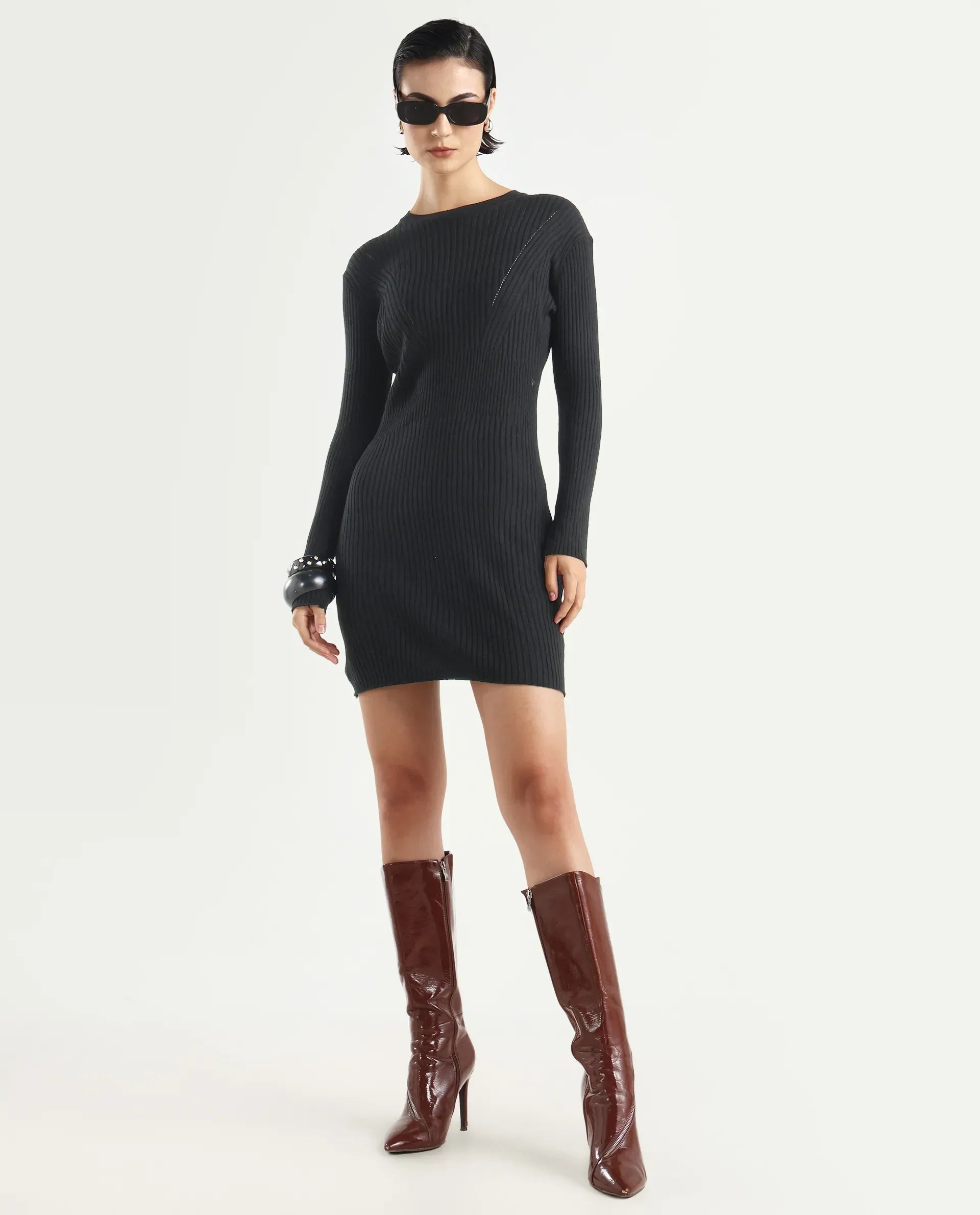 Rareism Women's Biyanca Black Acrylic Crew Neck Plain Mini Bodycon Dress