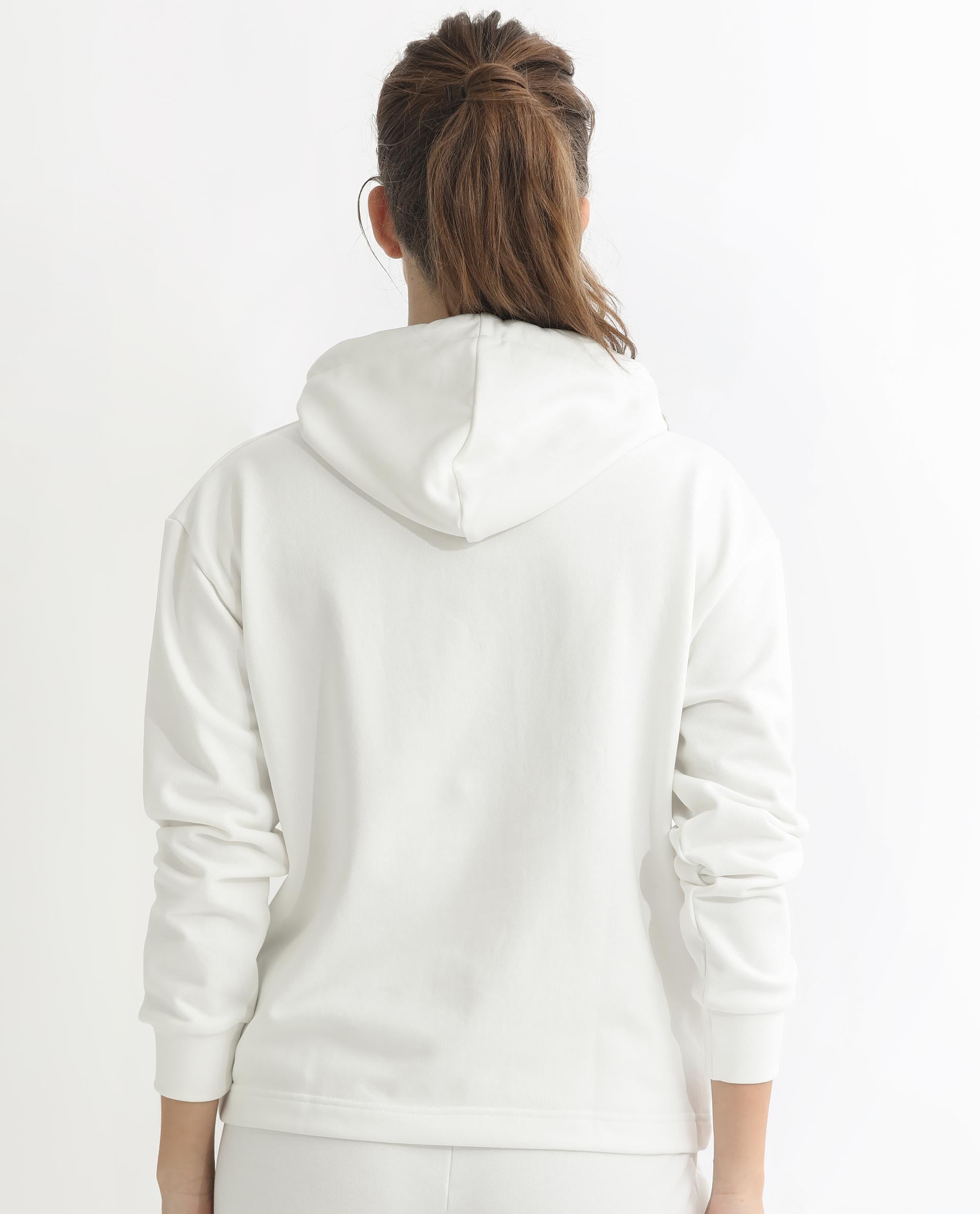 Rareism Women's Blacher Off White Polyester Blend Hooded Graphic Print Regular Fit Sweatshirt