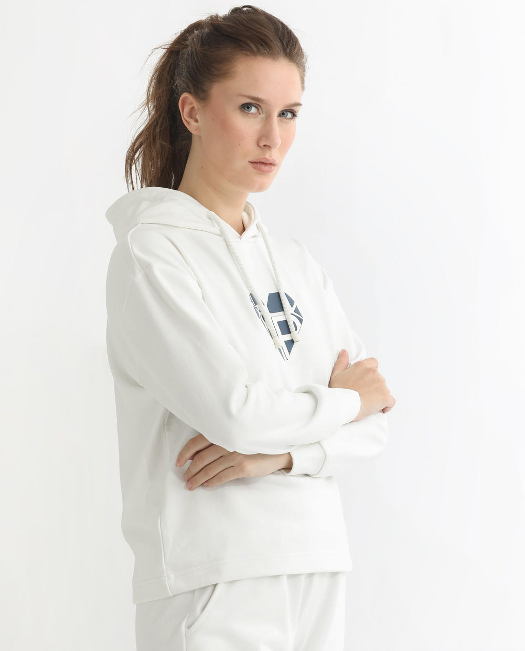 Rareism Women's Blacher Off White Polyester Blend Hooded Graphic Print Regular Fit Sweatshirt