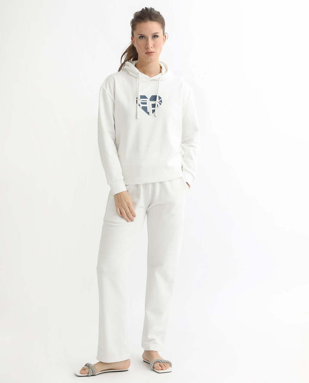Rareism Women's Blacher Off White Polyester Blend Hooded Graphic Print Regular Fit Sweatshirt