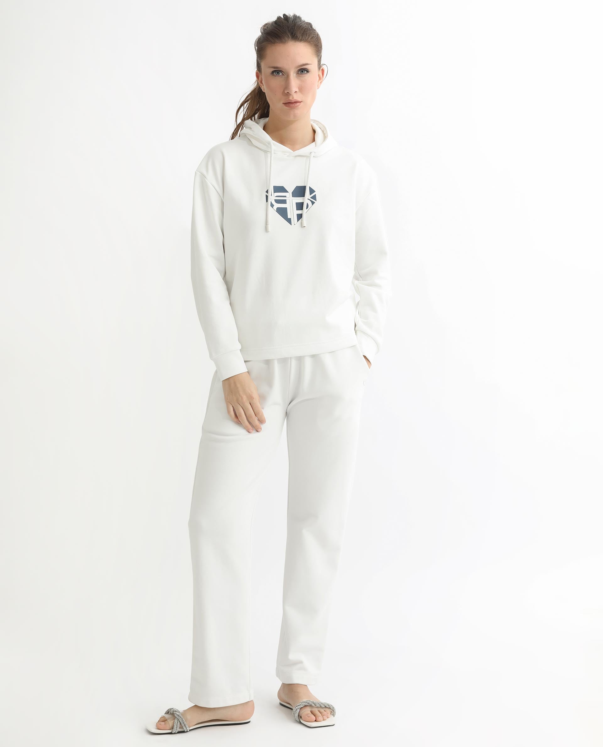 Rareism Women's Blacher Off White Polyester Blend Hooded Graphic Print Regular Fit Sweatshirt