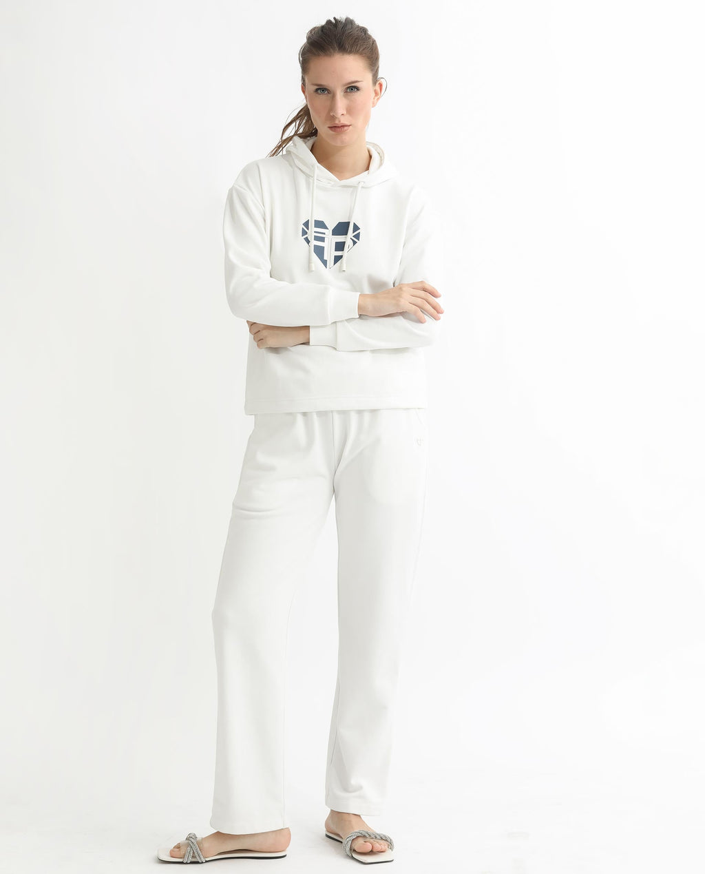 Rareism Women's Blacher Off White Polyester Blend Hooded Graphic Print Regular Fit Sweatshirt