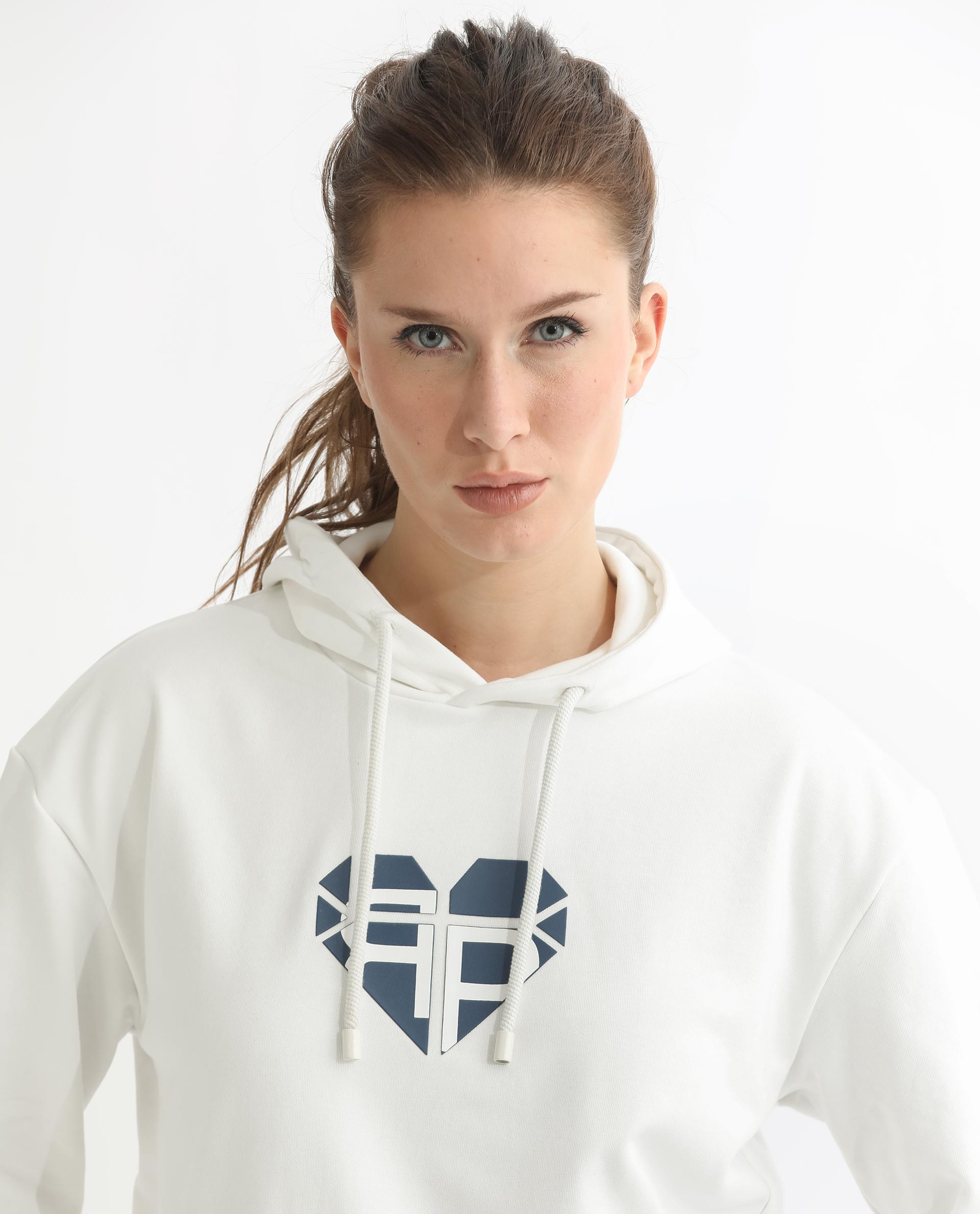 Rareism Women's Blacher Off White Polyester Blend Hooded Graphic Print Regular Fit Sweatshirt