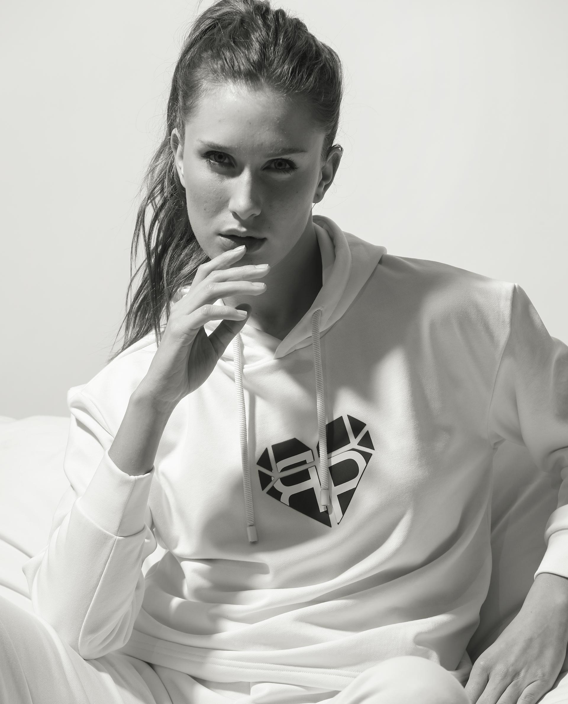 Rareism Women's Blacher Off White Polyester Blend Hooded Graphic Print Regular Fit Sweatshirt