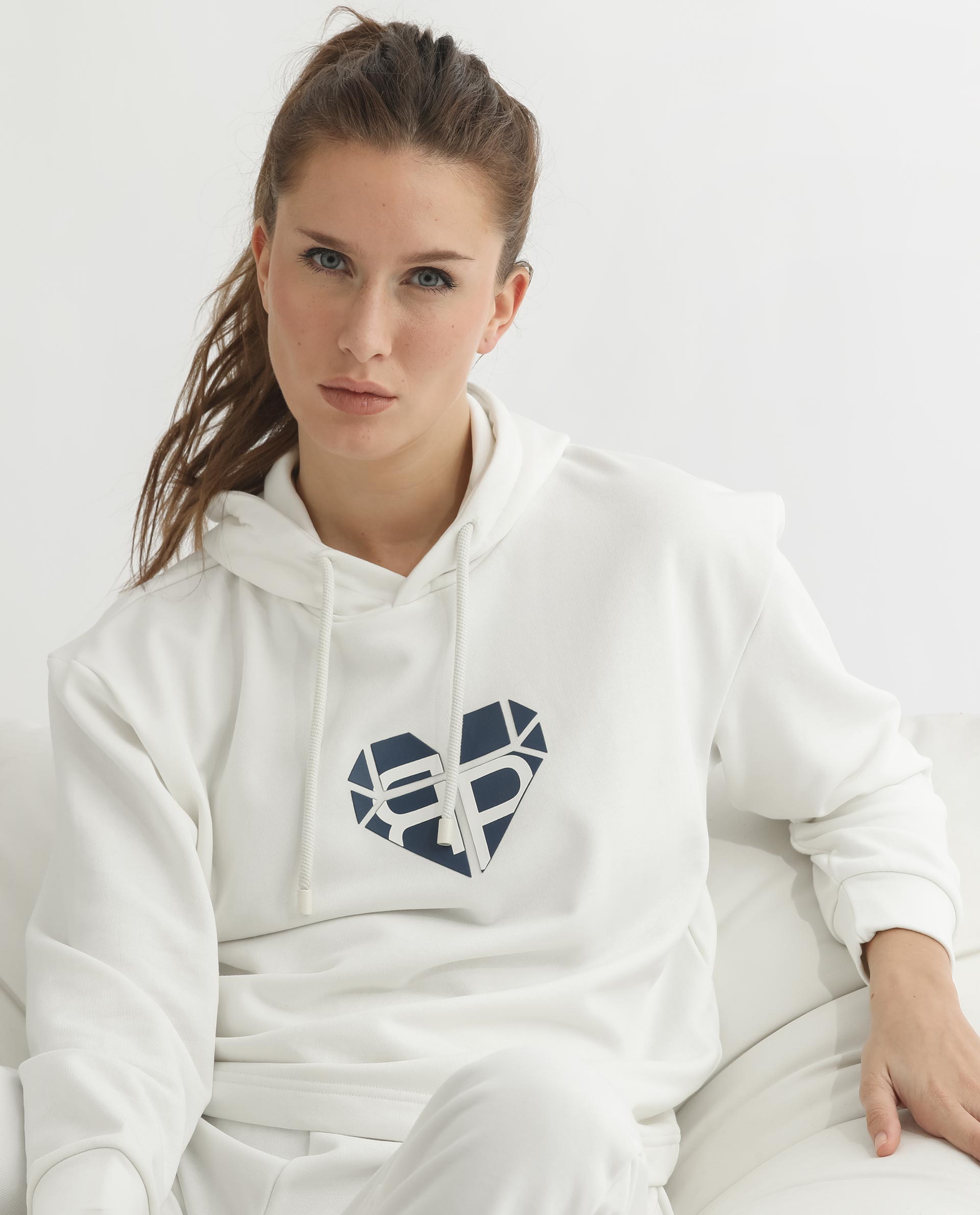 Rareism Women's Blacher Off White Polyester Blend Hooded Graphic Print Regular Fit Sweatshirt