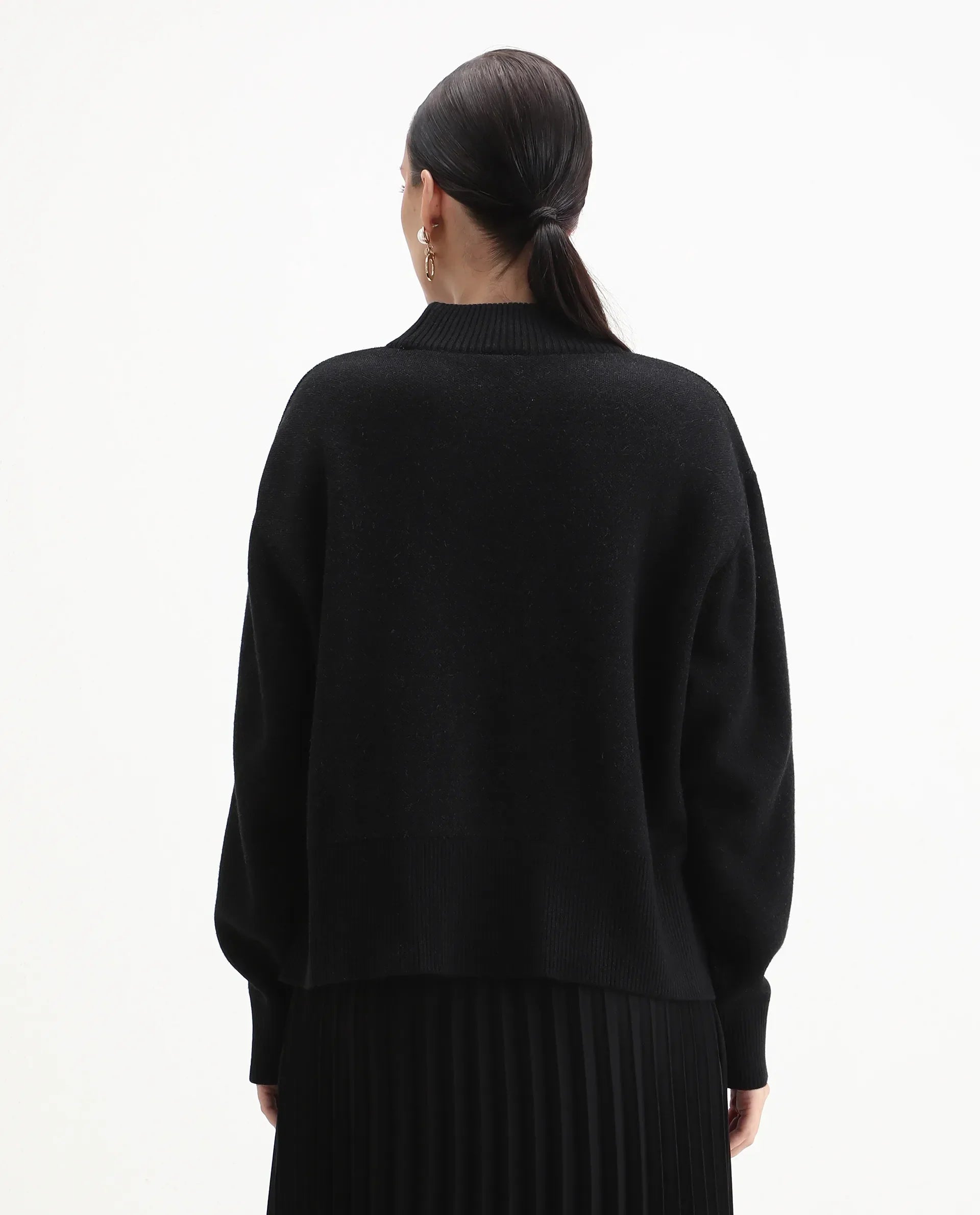 Rareism Women's Blocky Black Acrylic Blend High Neck Relaxed Fit Sweater