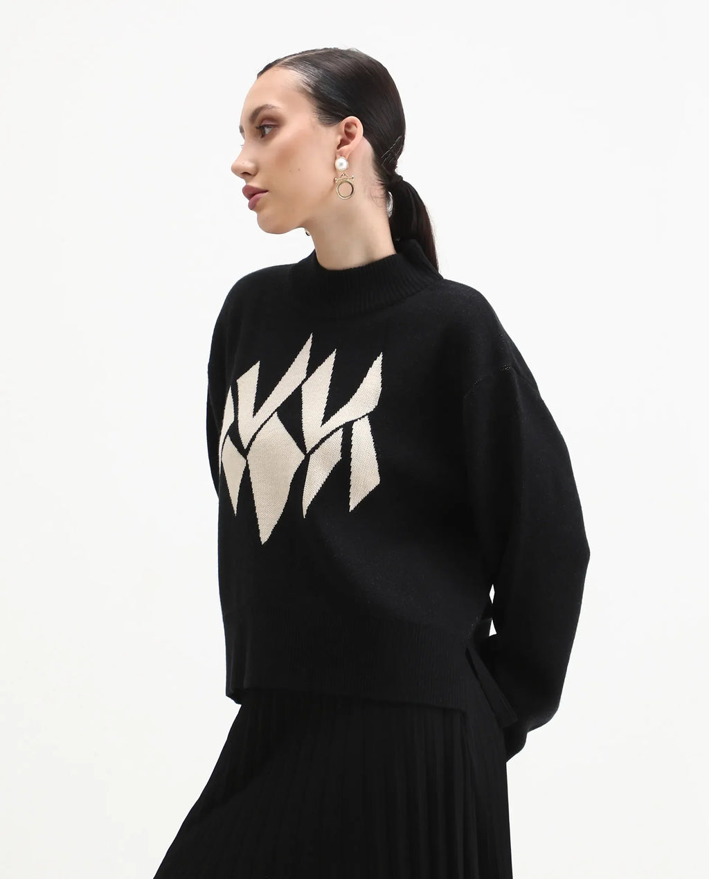 Rareism Women's Blocky Black Acrylic Blend High Neck Relaxed Fit Sweater