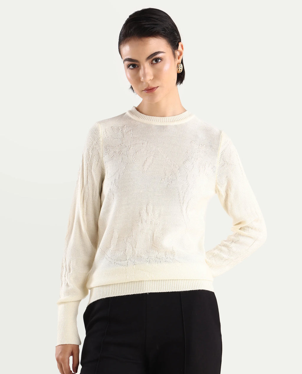 Rareism Women's Bloomy Off White Acrylic Crew Neck Jacquard Relaxed Fit Sweater