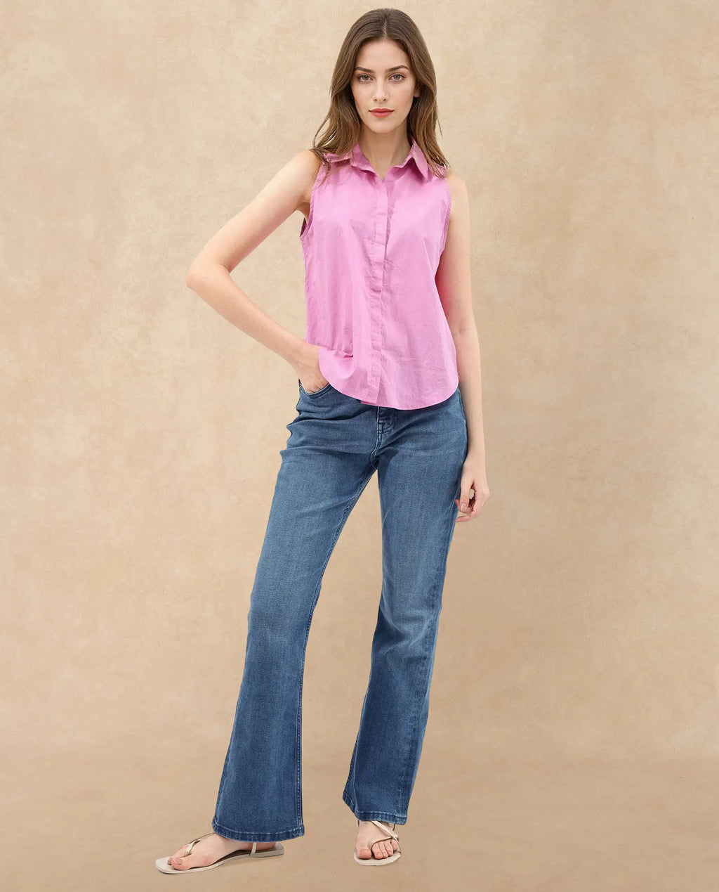 Rareism Women's Blumoon Pink Cotton Drop Collar Plain Sleeveless Relaxed Fit Top