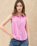 Rareism Women's Blumoon Pink Cotton Drop Collar Plain Sleeveless Relaxed Fit Top