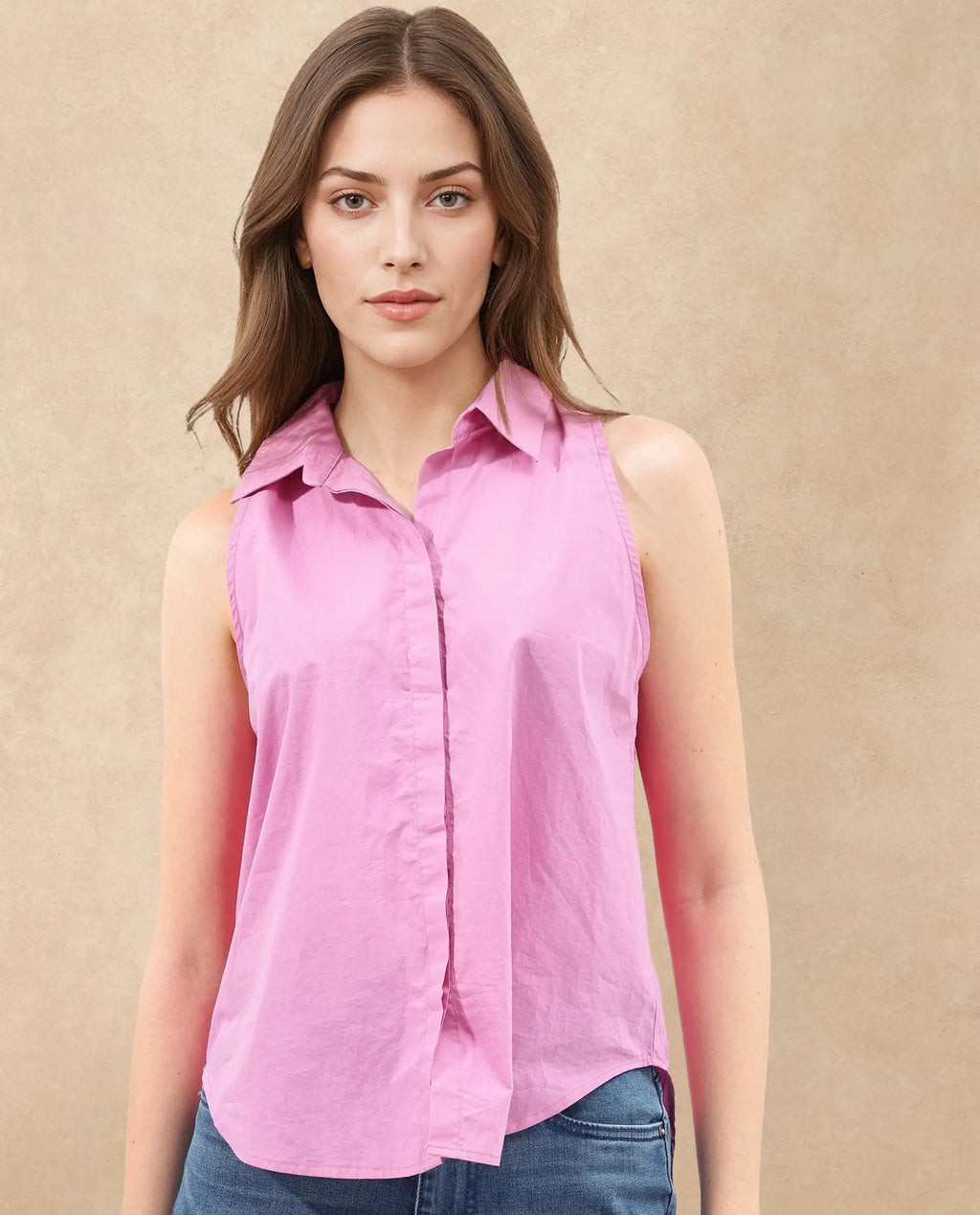Rareism Women's Blumoon Pink Cotton Drop Collar Plain Sleeveless Relaxed Fit Top