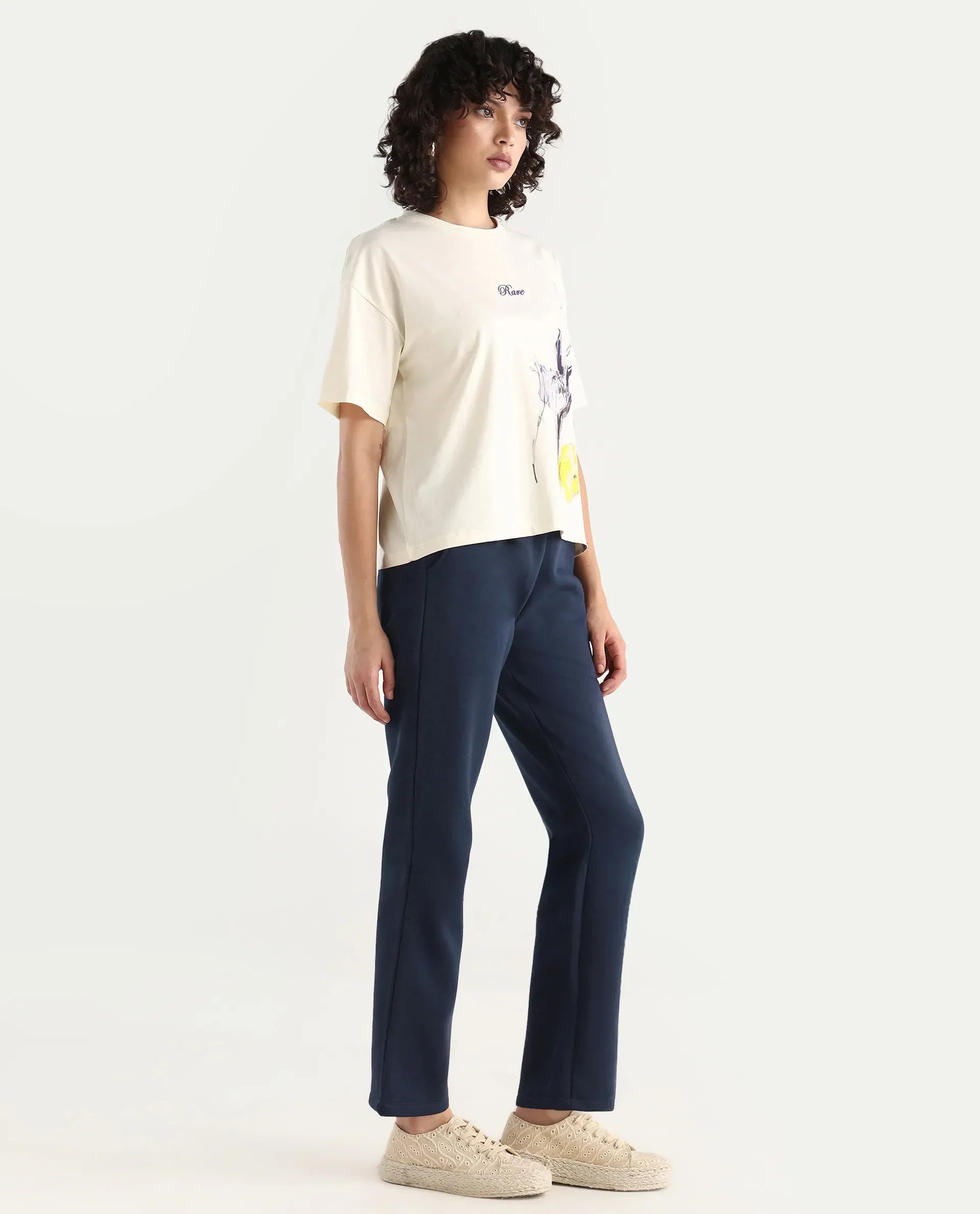 Rareism Women's Blunt Navy Cotton Blend Plain Ankle Length Regular Fit Track Pant
