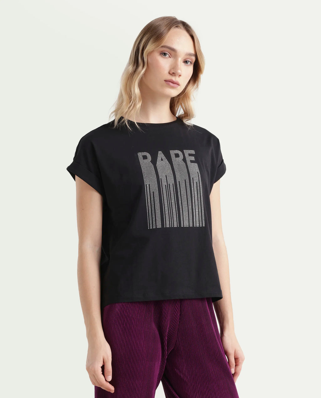 Rareism Women's Bocato Black Cotton Blend Crew Neck Graphic Print Extended Sleeves Regular Fit T-Shirt