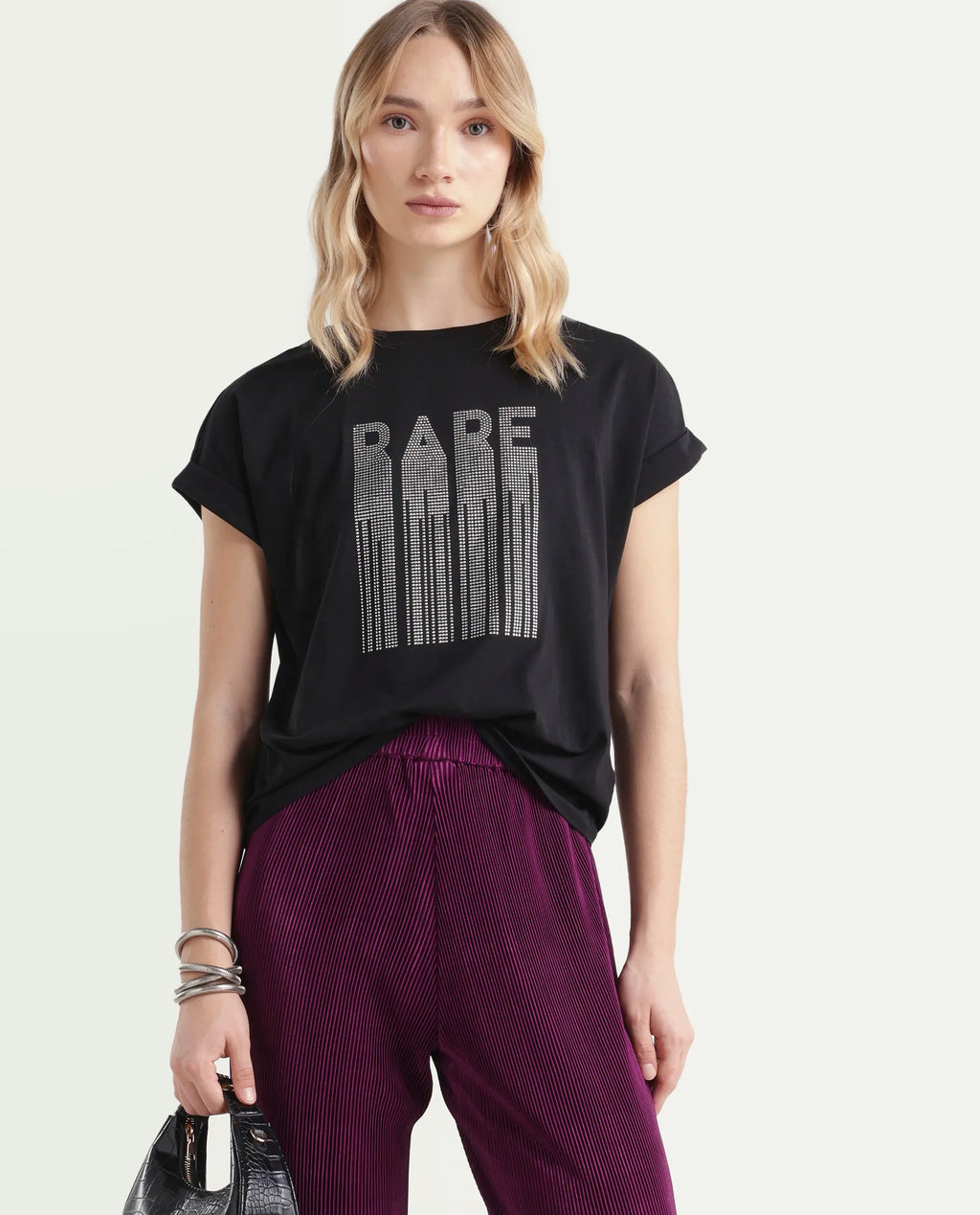 Rareism Women's Bocato Black Cotton Blend Crew Neck Graphic Print Extended Sleeves Regular Fit T-Shirt