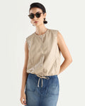 Rareism Women's Bojur - Light Brown Knit Round Neck Plain Sleeveless Boxy Fit Jacket