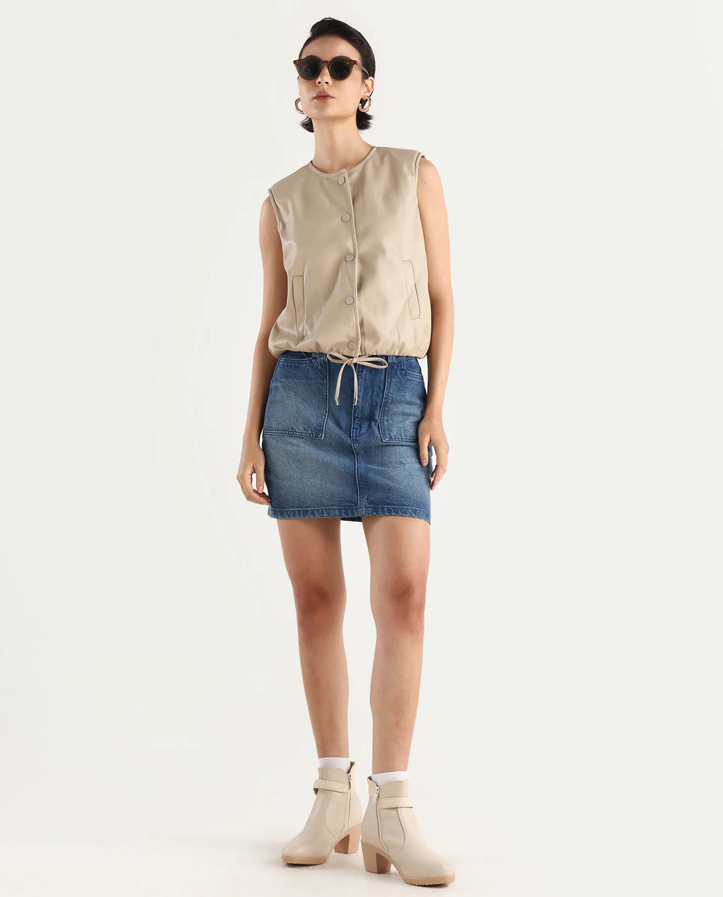 Rareism Women's Bojur - Light Brown Knit Round Neck Plain Sleeveless Boxy Fit Jacket