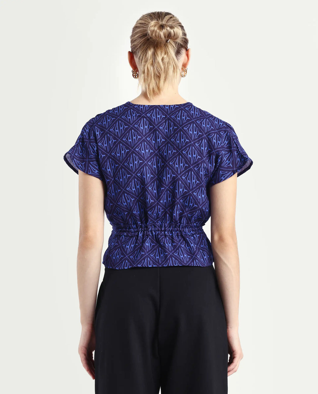 Rareism Women's Bolgan Dark Blue Cotton Blend V-Neck Monogram Print Extended Sleeves Crop Regular Fit Top