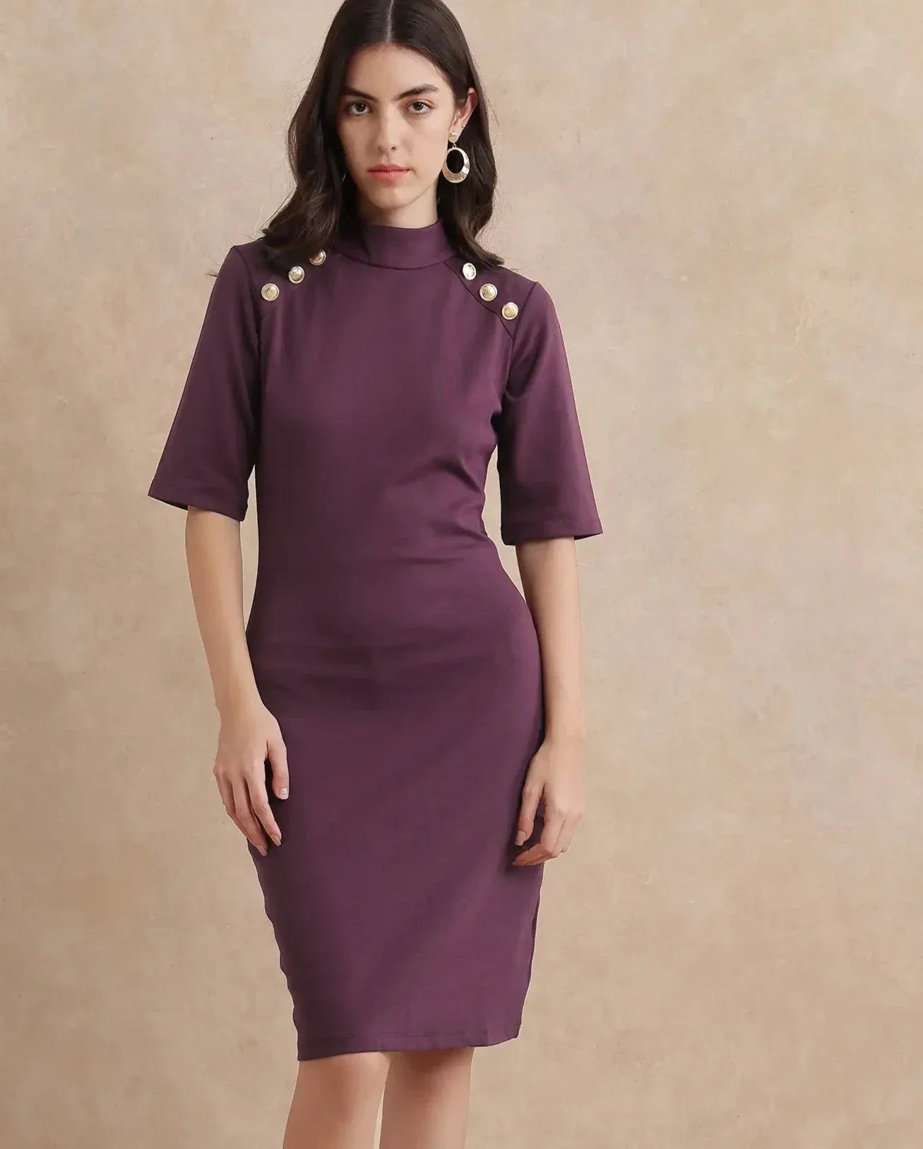 Rareism Women's Bolu Purple Cotton Blend High Neck Plain Midi Bodycon Dress