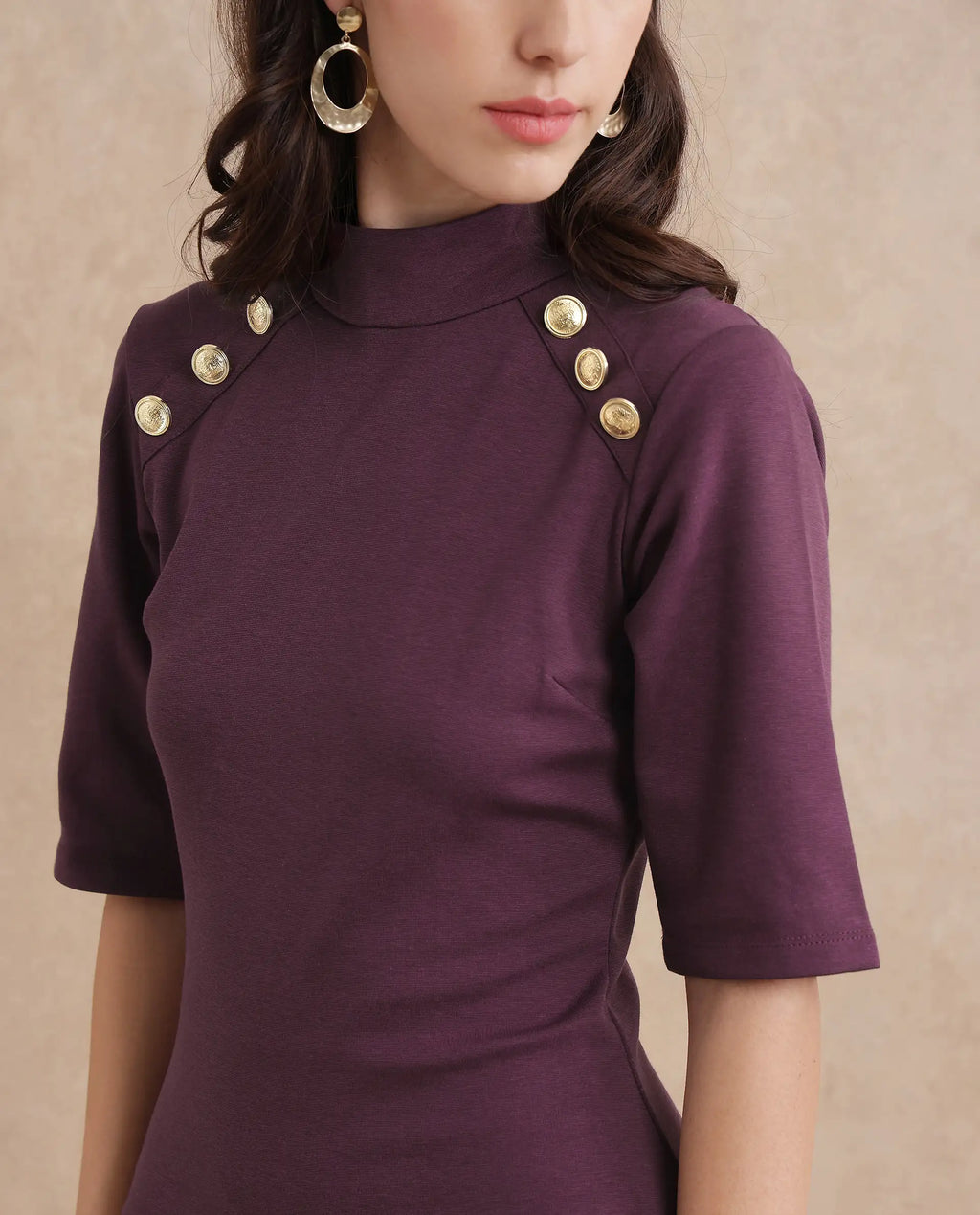 Rareism Women's Bolu Purple Cotton Blend High Neck Plain Midi Bodycon Dress