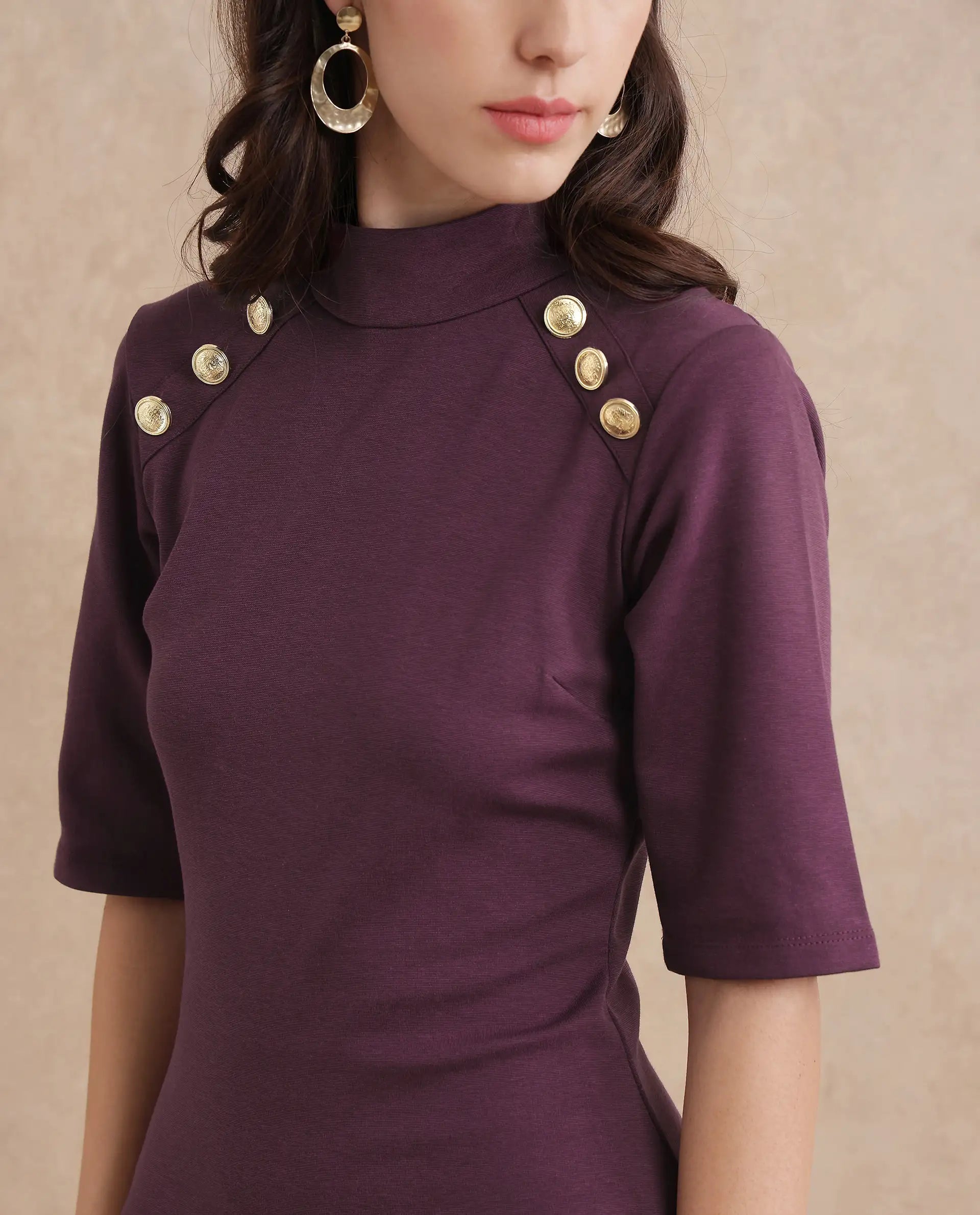 Rareism Women's Bolu Purple Cotton Blend High Neck Plain Midi Bodycon Dress