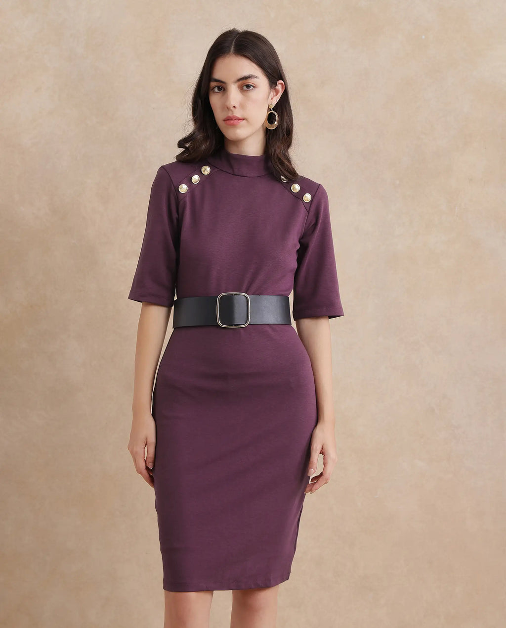 Rareism Women's Bolu Purple Cotton Blend High Neck Plain Midi Bodycon Dress