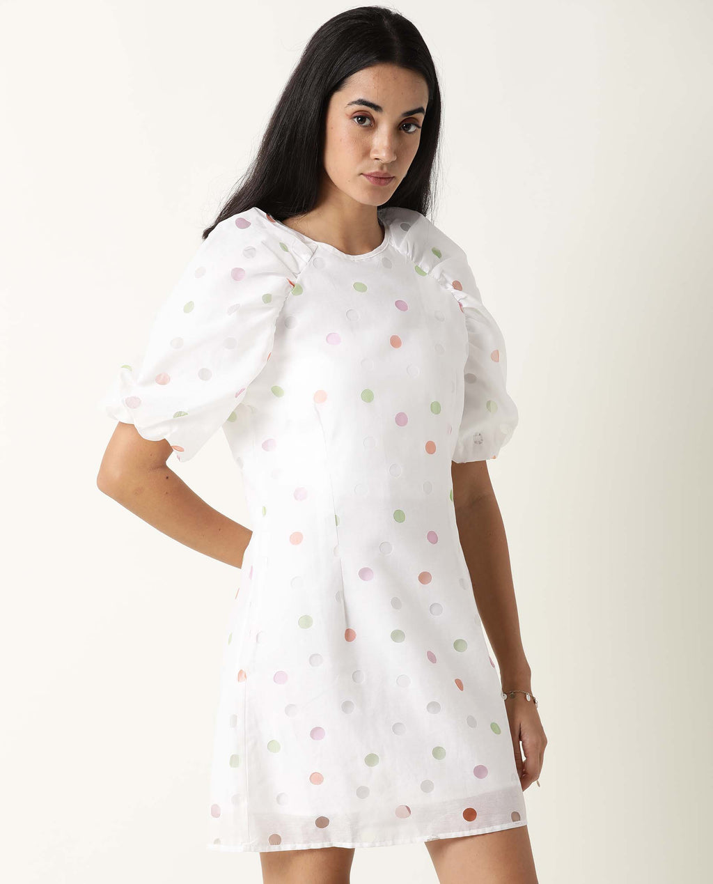 Rareism Women's Bonito White Polyester Blend Crew Neck Polka Print Balloon Sleeve Mini Tailored Dress