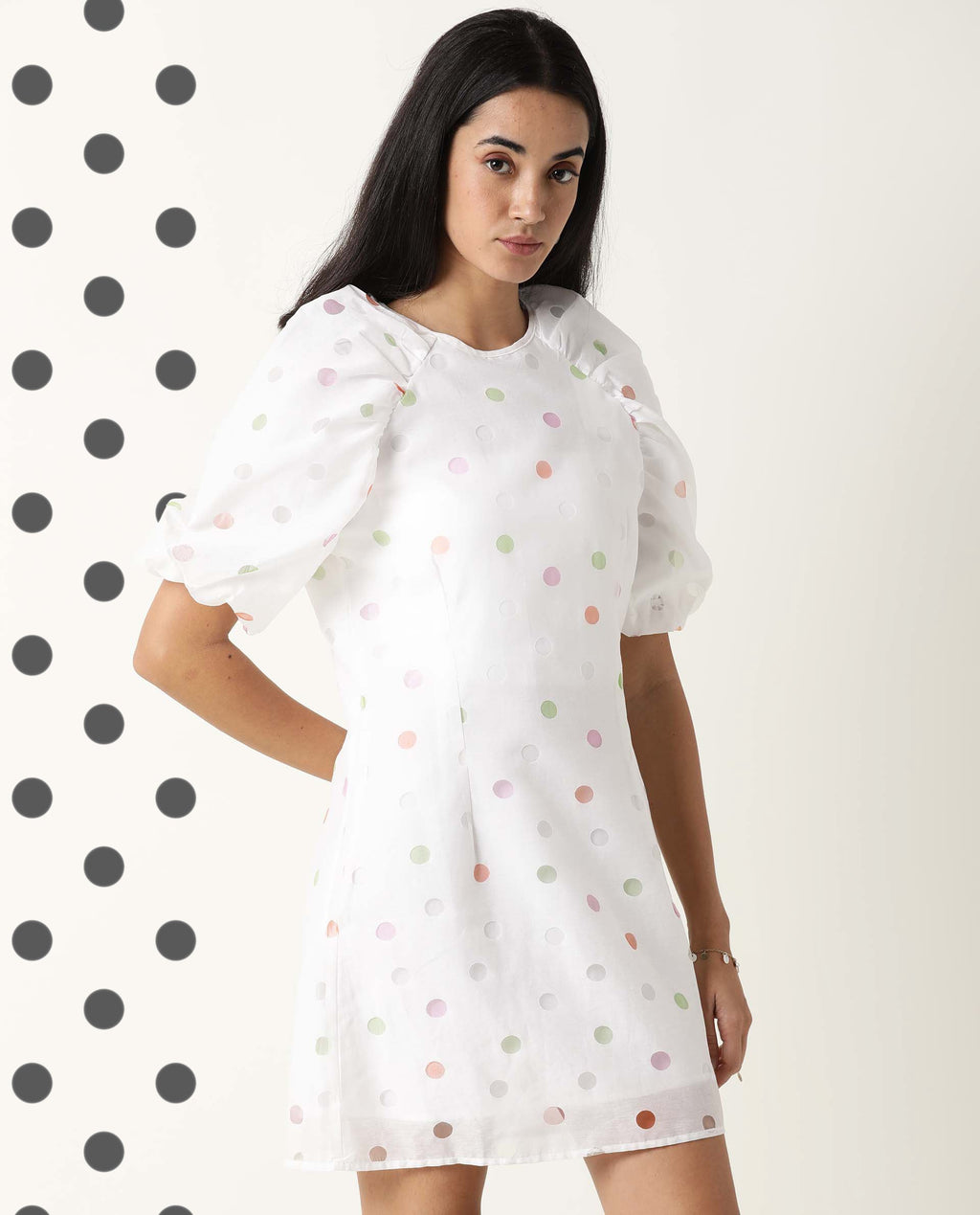 Rareism Women's Bonito White Polyester Blend Crew Neck Polka Print Balloon Sleeve Mini Tailored Dress