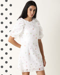 Rareism Women's Bonito White Polyester Blend Crew Neck Polka Print Balloon Sleeve Mini Tailored Dress