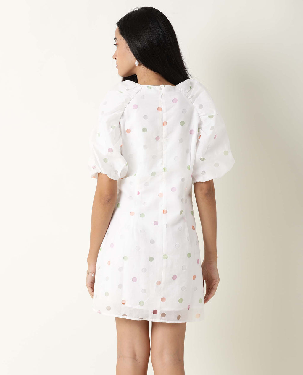 Rareism Women's Bonito White Polyester Blend Crew Neck Polka Print Balloon Sleeve Mini Tailored Dress